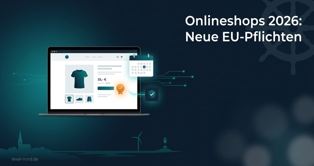 Onlineshop-Trends 2026: Grafik zu EU-Pflichten wie Widerrufsbutton, KI-Kennzeichnung und Gewährleistungslabel.